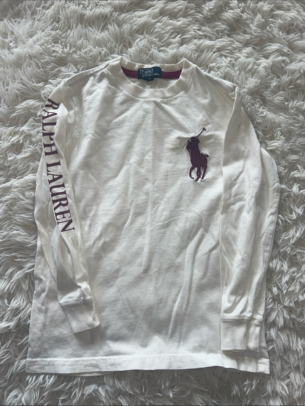 Ralph Lauren White Long-Sleeve Crew with Purple Polo Logo